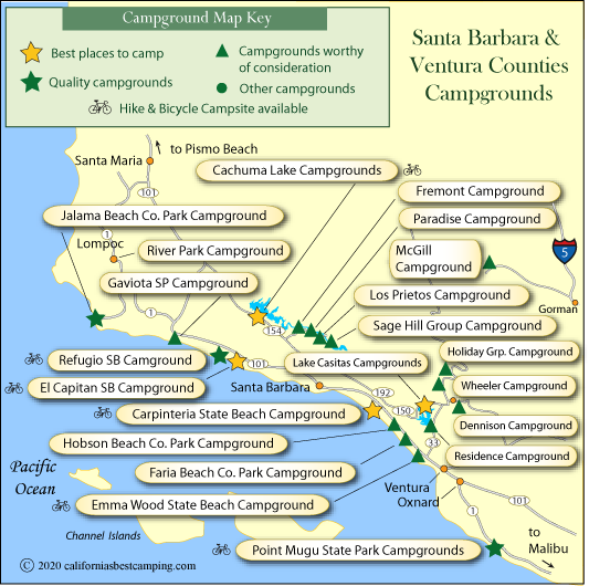 map of campground locations along the Santa Barbara and Ventura counties coast, CA