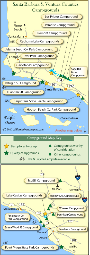 map of campground locations along the Santa Barbara and Ventura counties coast, CA