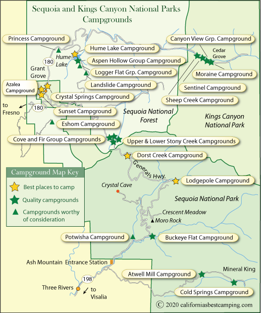 map of campground locations in Sequoia and Kings Canyon National Parks