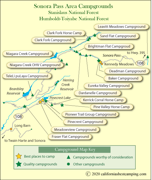 map of campgrounds along the Sonora Pass Highway 108