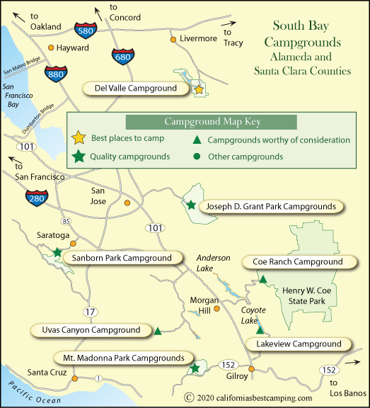 map of campground locations around Santa Clara and Alameda counties