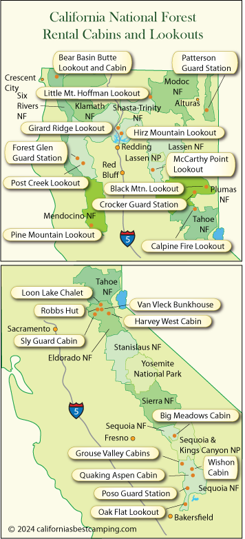 map of California National Forest rental cabins and lookouts