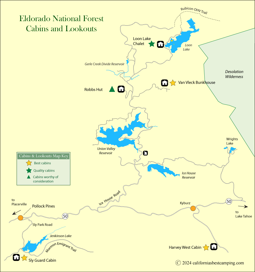 Eldorado National Forest rental cabins and lookouts map