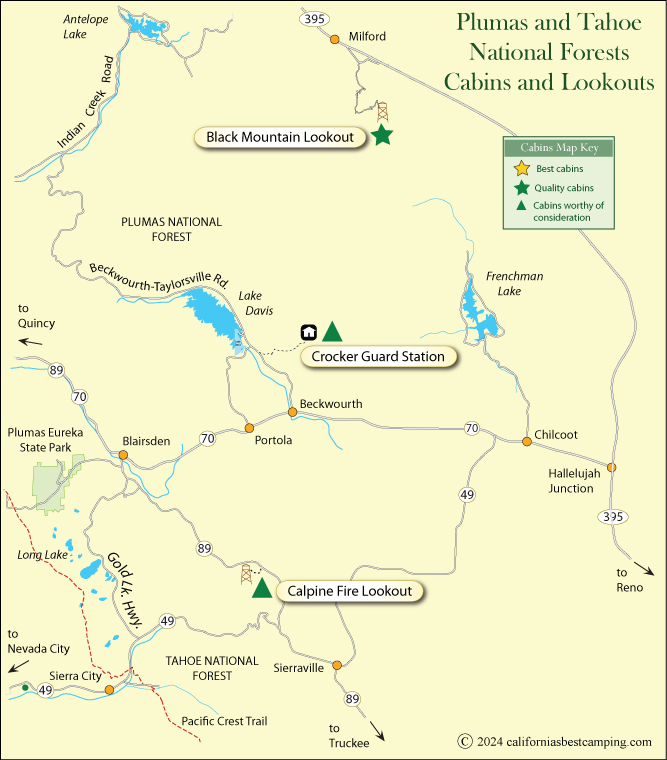 Plumas and Tahoe National Forests rental cabins and lookouts map