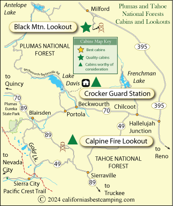 Plumas and Tahoe National Forests rental cabins and lookouts map