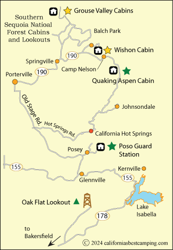 Southern Sequoia National Forest rental cabins and lookouts map