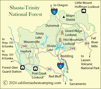 Shasta-Trinity National Forest  rental cabins and lookouts map